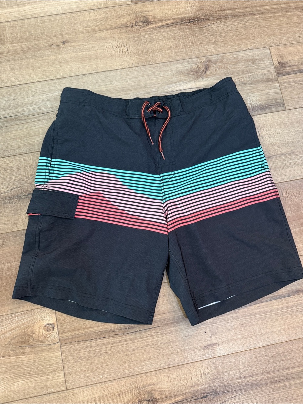 George Black Swim Board Shorts with Teal & Coral Stripes